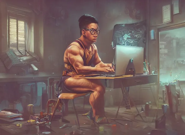 Image similar to an insanely detailed painting of an asian man wearing a homemade superhero costume, sitting at a desk, staring seriously at the computer and typing, in the style of peter mohrbacher, james jean, artgerm, dramatic lighting and composition, surreal background, octane render, pixar, trending on artstation, concept art, comic book, view from behind, 8 k