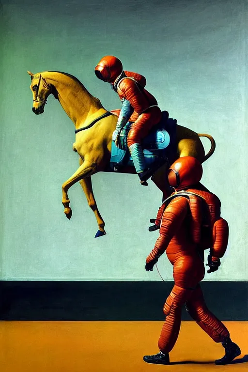 Image similar to an astronaut lifts a horse with his mind and makes it levitate, hauntingly surreal, highly detailed painting by francis bacon, edward hopper, adrian ghenie, gerhard richter, and james jean soft light 4 k,