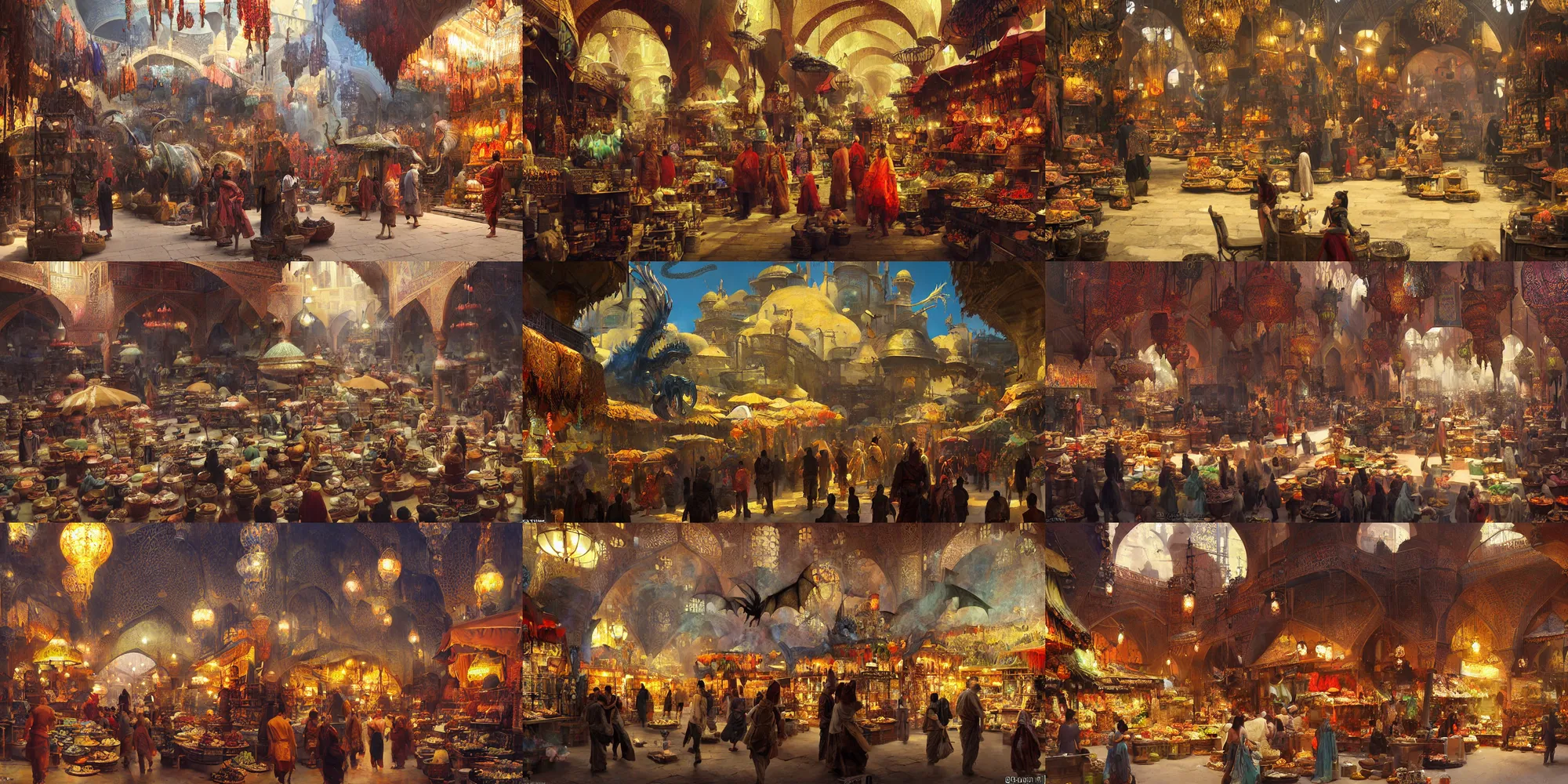 Prompt: a concept art matte painting in the style of orientalism of dragons on display in a dragon auction in the grand bazaar of isfahan by greg rutkowski and edwin lord weeks, speed painting with brush strokes of a dragon market