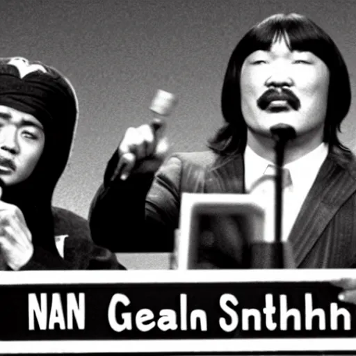 Prompt: Genghis Khan hosting Saturday Night Live in 1975, black and white