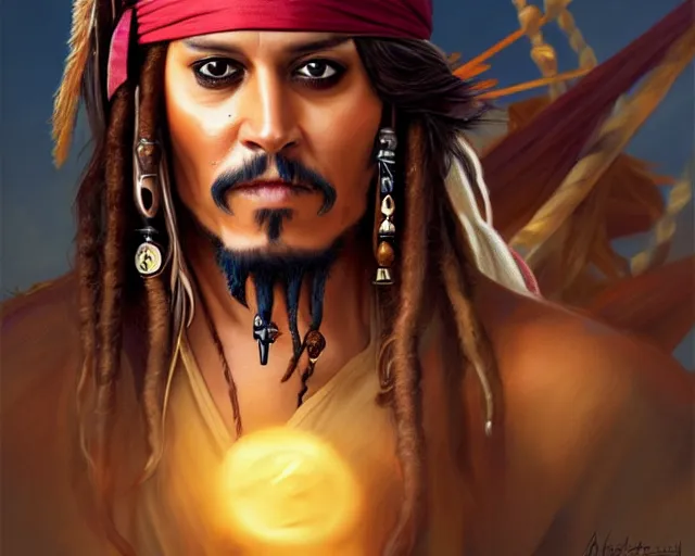 Image similar to captain jack sparrow with a big smile, photography of kurzgesagt, deep focus, d & d, fantasy, intricate, elegant, highly detailed, digital painting, artstation, concept art, matte, sharp focus, illustration, hearthstone, art by artgerm and greg rutkowski and alphonse mucha