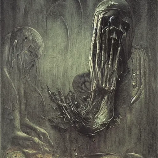 Prompt: a painting by beksinski, Giger, and Caravaggio