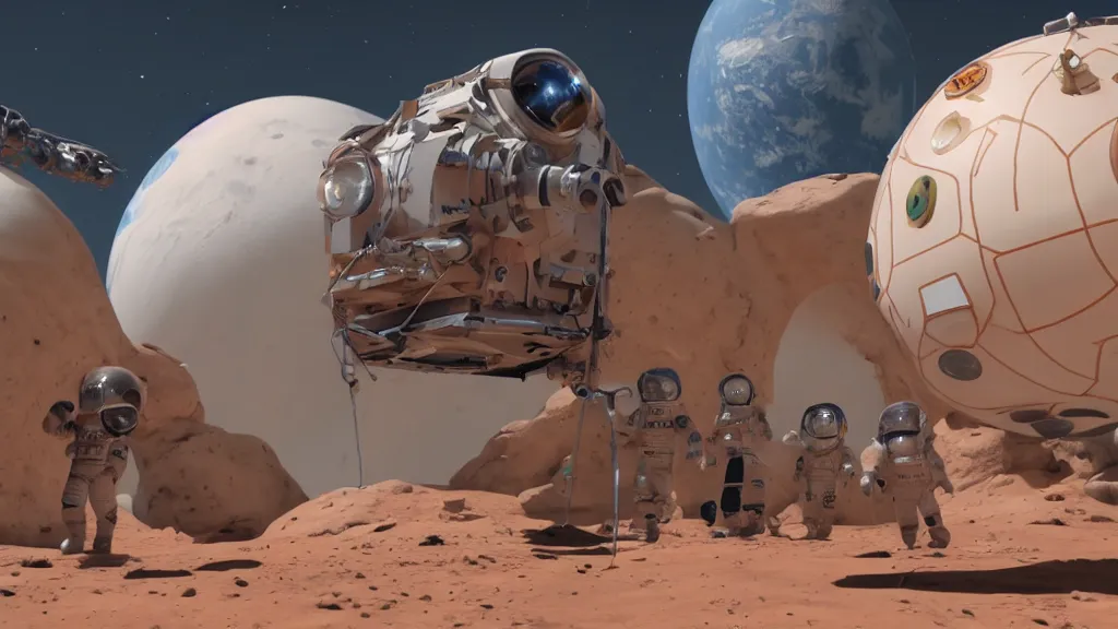 Prompt: a bounce house on mars, big mistake, several men in space gear look up to see an astronaut miles high, created in unreal engine 5, incredible detail