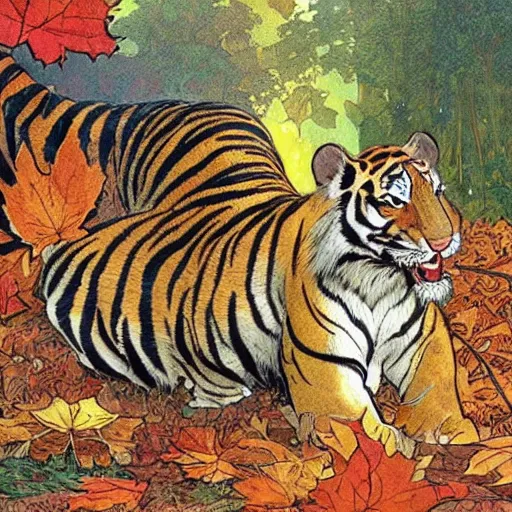 Image similar to a highly detailed cartoon tiger waving a leaf fan, autumn leaves on the ground, concise lines, ultradetailed environment, sharp focus, cinematic lighting, by alphonse maria mucha and kim jung gi