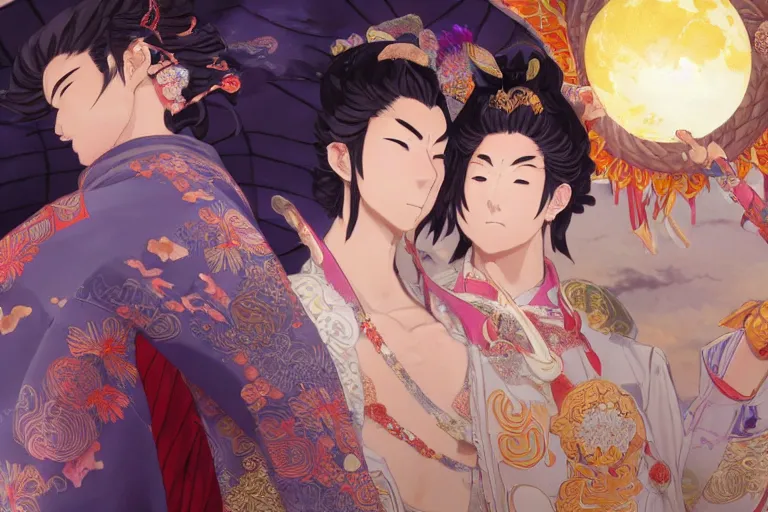 Image similar to close up moment of a divine a japan sun god and a moon goddess lovers magician at a wedding banquet, highly detailed, genshin, fantasy, 4 k realistic, digital painting, trending on artstation, concept art, sharp focus, illustration, art by makoto shinkai and akihiko yoshida and daniel gerhartz