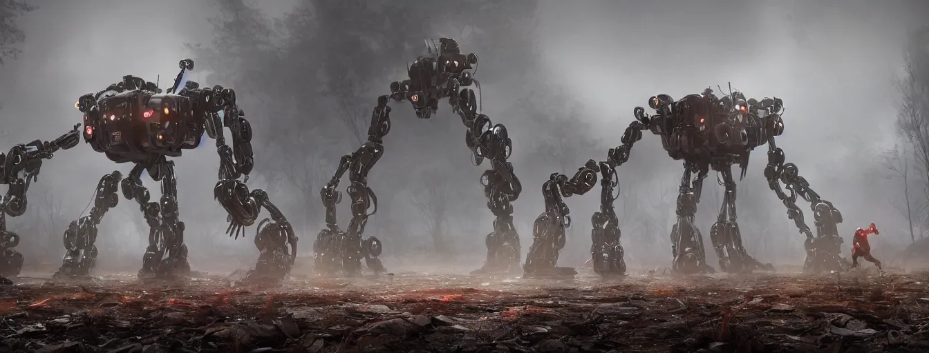 Image similar to snapshot of scene, where terrific and creepy gigantic 8 legs spider mech robot with volumetric lights, running and hunting remaining humans in a heavy rainy post - apocalyptic world, high detail, motion blur, ground fog, saturated colors, by james paick, render unreal engine - h 7 0 4