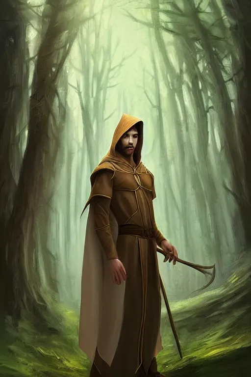 Image similar to beautiful, digital art, portrait painting of a male elf wizard, wearing linen hooded cloth. forest background. artstation, by bartek fedyczak, erak note, tooth wu, neil richards, kan liu, siwoo kim, jisu choe