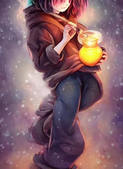 Image similar to medium shot A twelve years old girl with orange eyes, dark blue bob cat length curly dark blue dyed hair with a thoughtful expression wearing a black hoodie with white eyes ornament and grunge jeans, she is in the potions workshop, near the black cauldron, making a potion, blue shiny lighting, beautiful fantasy art by By Artgerm and Hayao Miyazaki, trending on artstation