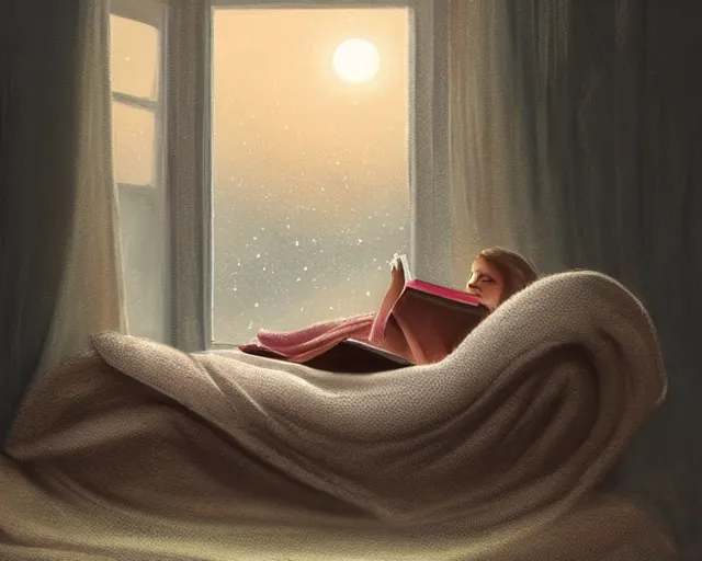 Image similar to a beautiful warm matte painting of a woman curled up with a blanket reading a good book next to her friendly cat who is purring with eyes closed. they are both sitting next to a window as the sun sets in winter, by nina masic, crisp, detailed, trending on artstation