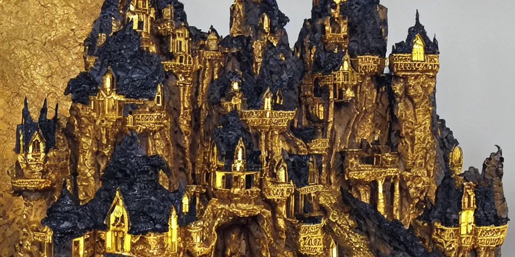 Image similar to ominous ornate obsidian castle with gold filigree on high cliffs with rivers and waterfalls of glowing melted gold. by tom bagshw and by ralph bakshin. power and beauity.