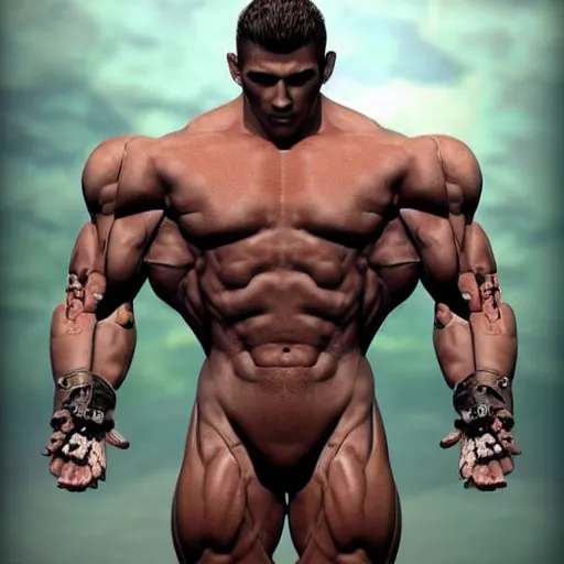 Image similar to a realistic detailed photo of a bodybuilder who is also a male android, Chris Redfield, shiny skin, posing robotically. blank stare