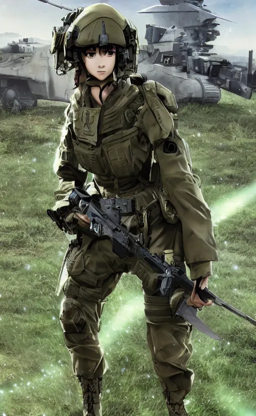 Prompt: girl, trading card front, future soldier clothing, future combat gear, realistic anatomy, war photo, professional, by ufotable anime studio, green screen, volumetric lights, stunning, military camp in the background, metal hard surfaces, generate realistic face, strafing attack plane