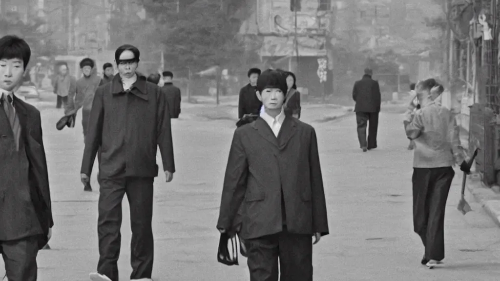 Image similar to shin sang - ok walking in 1 9 6 0 s pyongyang, film noir thriller in the style of orson welles and andrei tarkovski