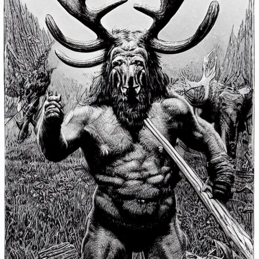 Prompt: hairy barbarian with moose head by wayne barlowe and joseph clement coll