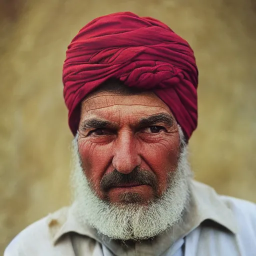 Prompt: portrait of president ronald reagan as afghan man, green eyes and red turban looking intently, photograph by steve mccurry, award winning photo in the national geographic