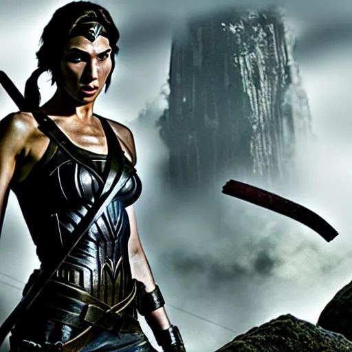 Image similar to film still of gal gadot as tomb raider, realistic, cinematic