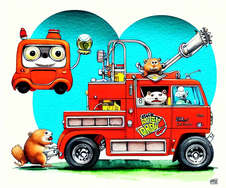 Prompt: cute and funny, beaver driving a tiny hot rod fire truck with an oversized engine, ratfink style by ed roth, centered award winning watercolor pen illustration, isometric illustration by chihiro iwasaki, edited by craola, tiny details by artgerm and watercolor girl, symmetrically isometrically centered