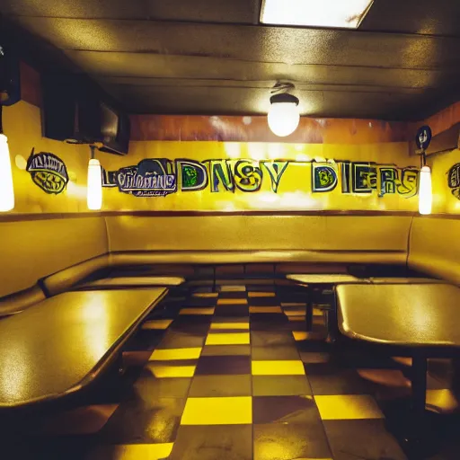 Image similar to inside of a greasy diner, yellow lighting, late night, photo
