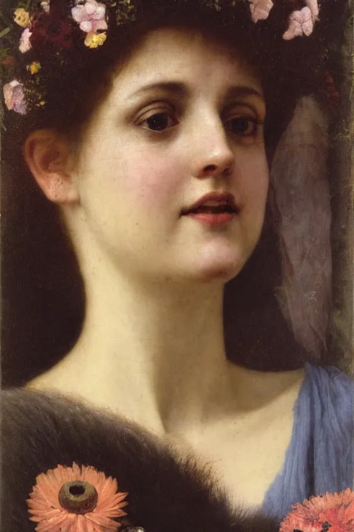 Image similar to a renaissance oil painting close shot portrait by alma tadema of a woman grinning evilly, obsidian jewellery, a crown made of dark candles and flowers, colourful pastel, detailed academic bouguereau, high shadow, sharp focus