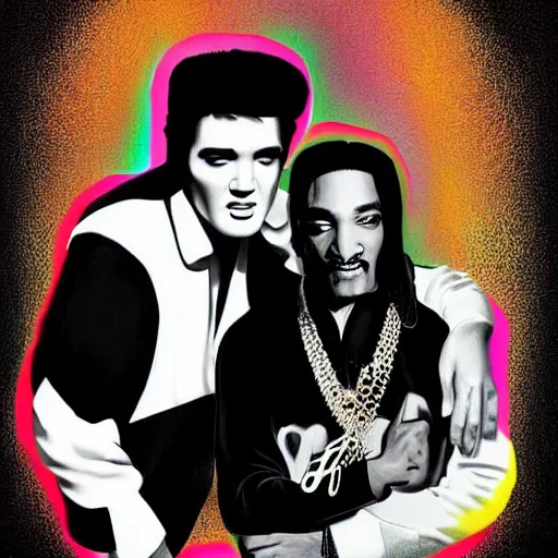 Image similar to elvis presley and snoop dog singing a duet, black velvet, digital art