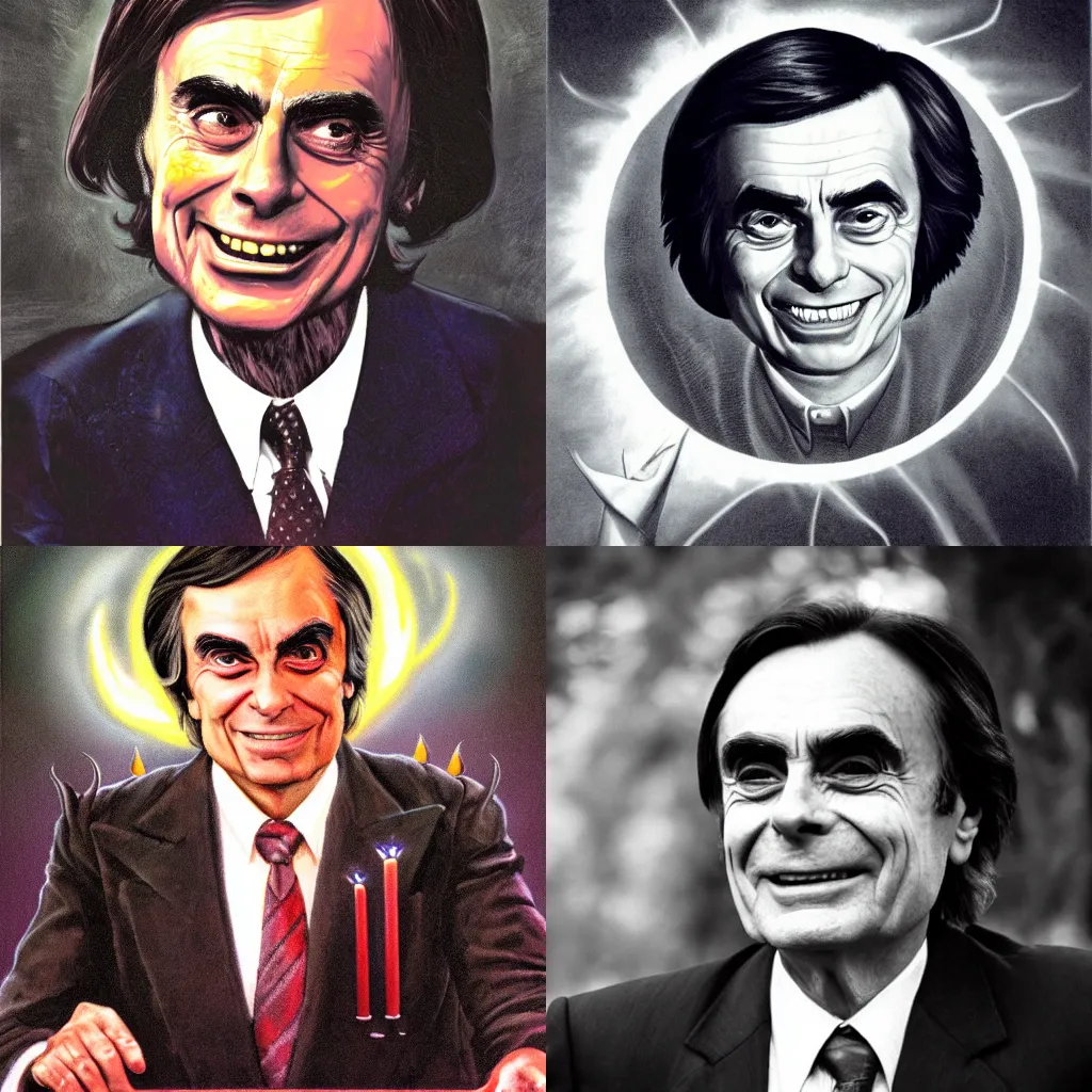 Image similar to Satanic Carl Sagan, portrait. evil. horns. flames. hyper realistic