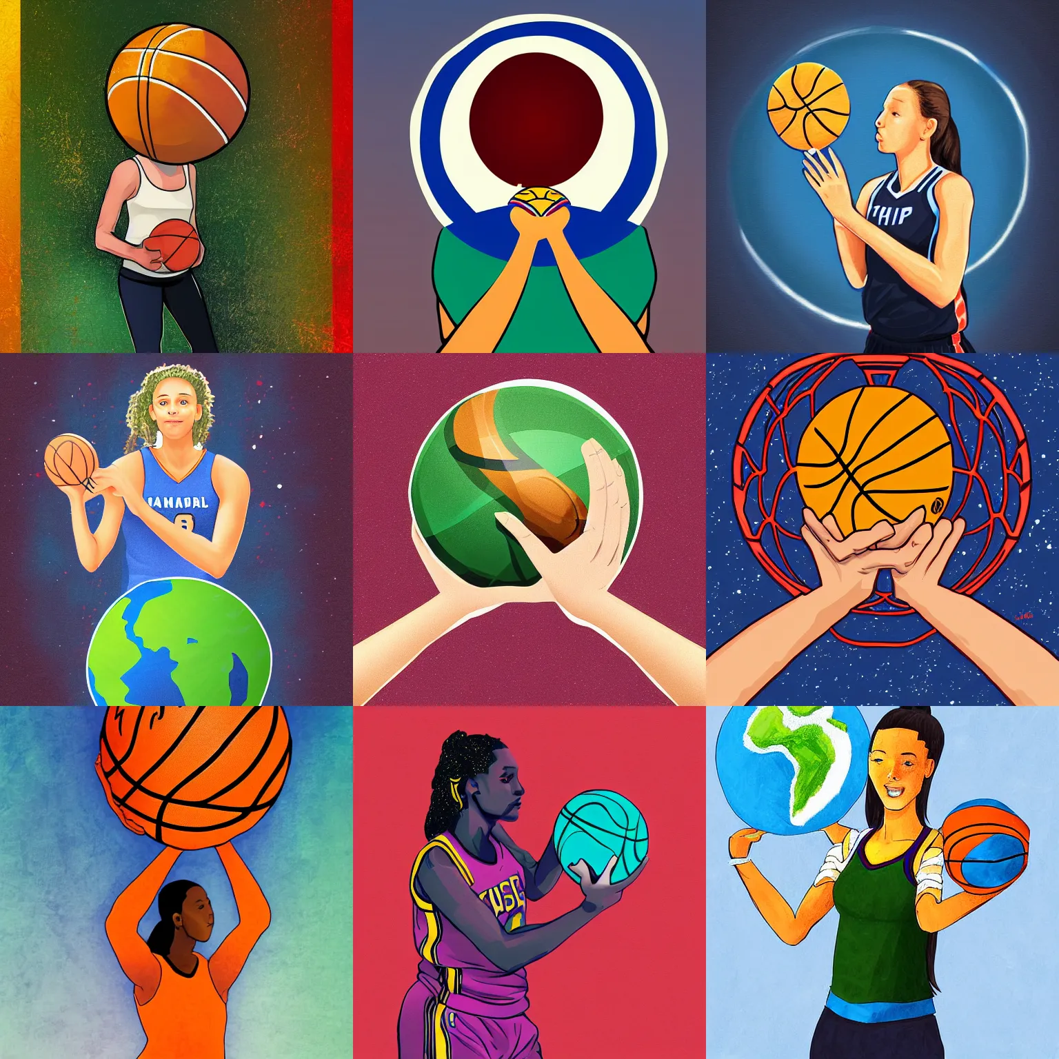 Prompt: A basketball player holding the Earth in her hand, digital art