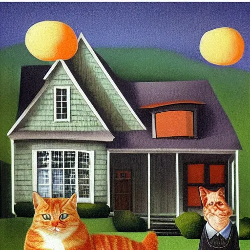 Prompt: fat orange tabby cat in american gothic by grant wood