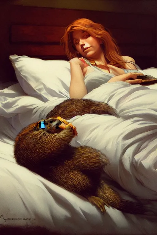 Image similar to groundhog cooking heroin lies on the bed, realistic portrait, highly detailed, digital painting, artstation, concept art, smooth, sharp focus, illustration, cinematic lighting, art by artgerm and greg rutkowski and alphonse mucha