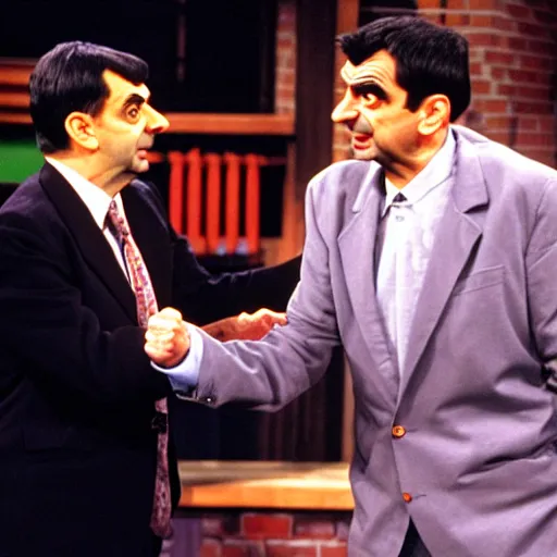 Prompt: mr. bean on the jerry springer show fighting with another guest.