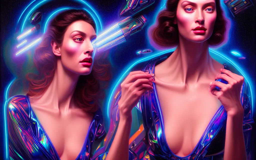 Image similar to beauty woman in holograms of alien artifacts, electrical case display, total recall tech, , ultrarealistic, dramatic lighting, electrical details, high details, 4k, 8k, best, accurate, trending on artstation, artstation, photorealism, ultrarealistic, digital painting, style of Tristan Eaton Stanley Artgerm and Tom Bagshaw, Caravaggio, Boris Vallejo