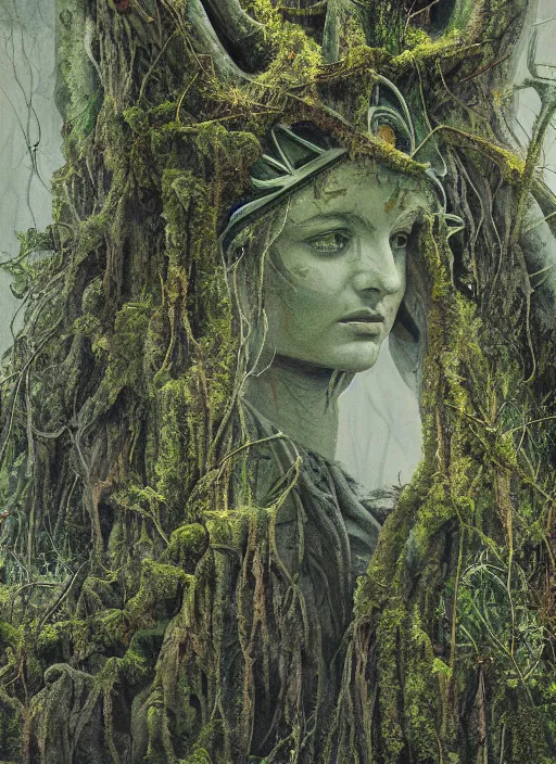 Image similar to hyper detailed painting of the statue of liberty; cracked, decaying, covered in moss and vines; thunderstorm; moody cinematic lighting, painted by Greg Rukowtski, trending on Artstation