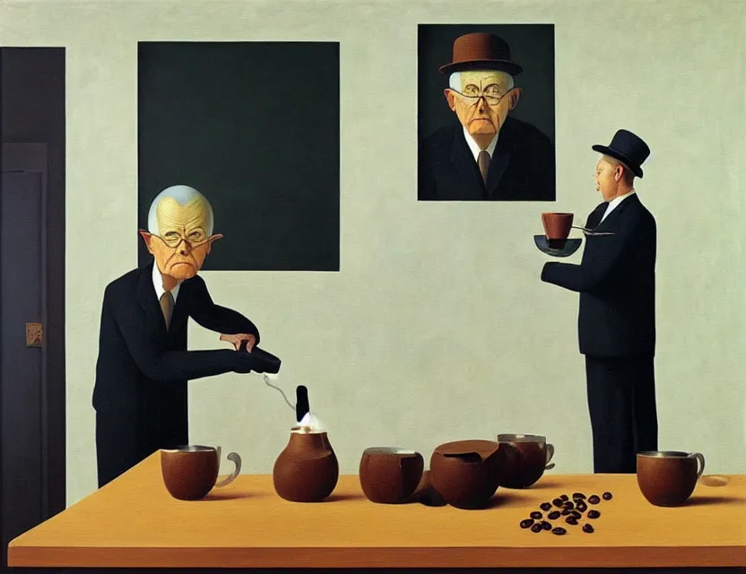 Prompt: a painting of a old dusty professor making a study of drinking 1 0 cups of coffee into a droste effect, dark monday mood in a kitchen that is slowly melting, styled and painted by rene magritte