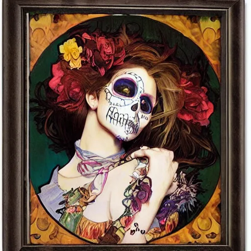 Prompt: realistic detailed photograph of a cute punk Día de los Muertos girl by Mario Testino Alphonse Mucha Ayami Kojima Amano Charlie Bowater, masterpiece