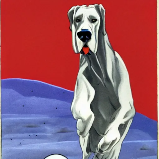 Prompt: a portrait of a great dane running joyfully on the moon