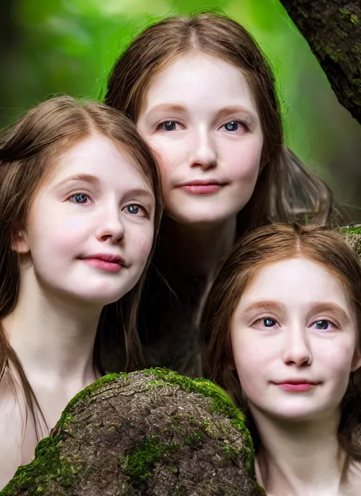 Prompt: a headshot portrait of three happy nymphs in the forst, extremely realistic and highly detailed 8 k, sharp focus, atmospheric lighting, dramatic volumetric lighting, extremely realistic faces