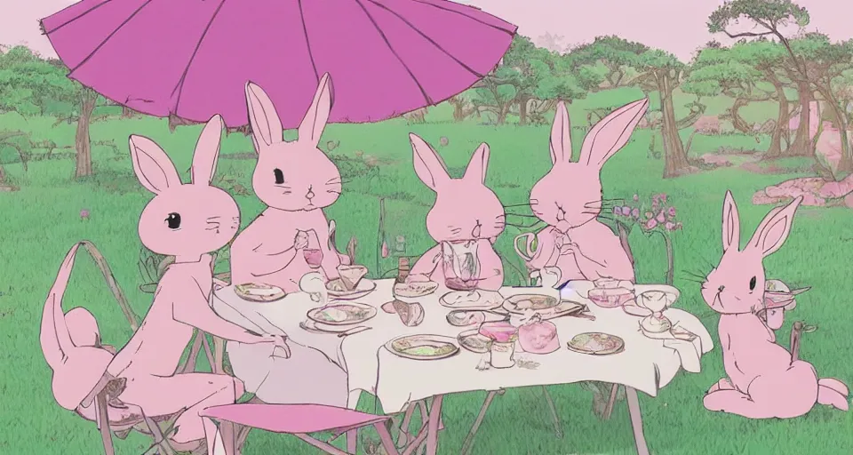 Image similar to 3 pink and teal colored bunnies having a tea party, by studio ghibli, makoto shinkai, beautiful nature illustration