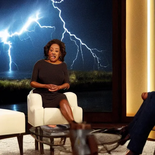 Image similar to Tom Cruise shooting lightning at Oprah on her tv show