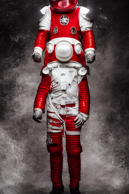 Image similar to photography of red and white space suits designed for knights templar, tubings, helmet with intricate design, golden linings, photo shoot, by annie leibovitz, sigma 85mm 1.4, glows, sharp, high contrast, octane render