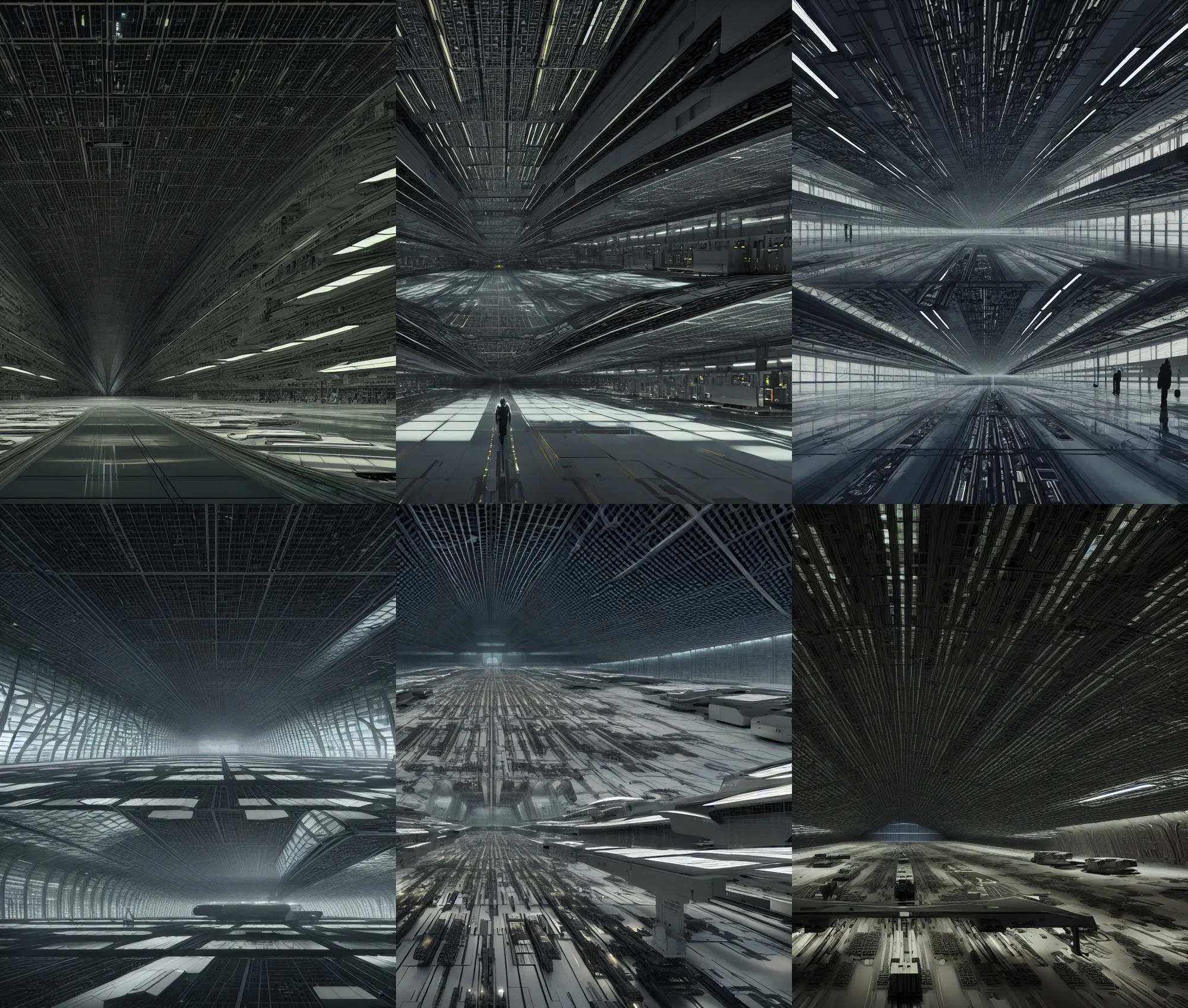 Prompt: denis villeneuve very wide cinematic shot inside the combination of airport hanger and borg cube interior, epic scale, cathedral ceiling, many computer servers lining walls, rows and stacks of computer servers, flourescent spot lights, paneled walls, maximalism, detailed artstation scifi concept art, fine details, unreal engine, detailed textures