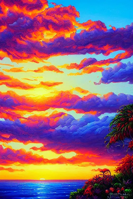 Prompt: beautiful oil painting ocean sky sunset, painted by jeremiah ketner and James Gurney