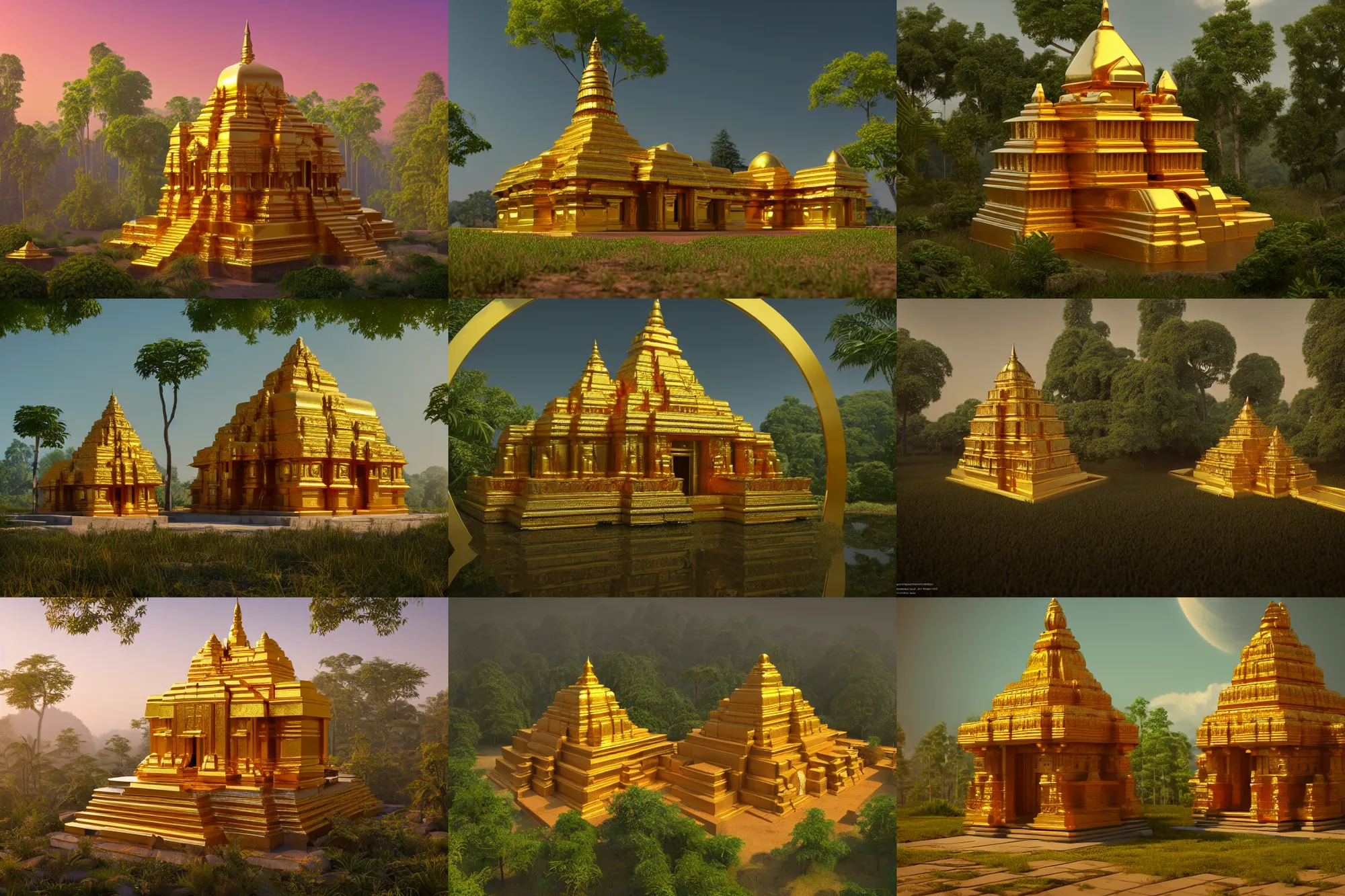 Prompt: an ancient hindu temple made of gold in serene environment, art deco, forest, distant, high angle, wide angle, global illumination, trending on artstation, octane render, cgsociety, surrealist, cinematic, unreal engine 5