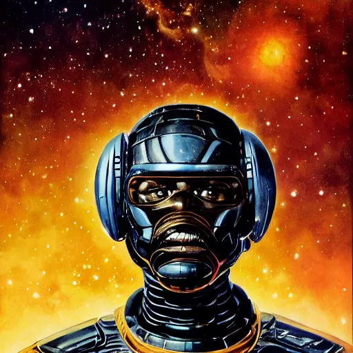 Image similar to photoreal portrait of a powerful black man in scifi armour, space nebula milky way background, by norman rockwell and boris vallejo, artstation, concept character art