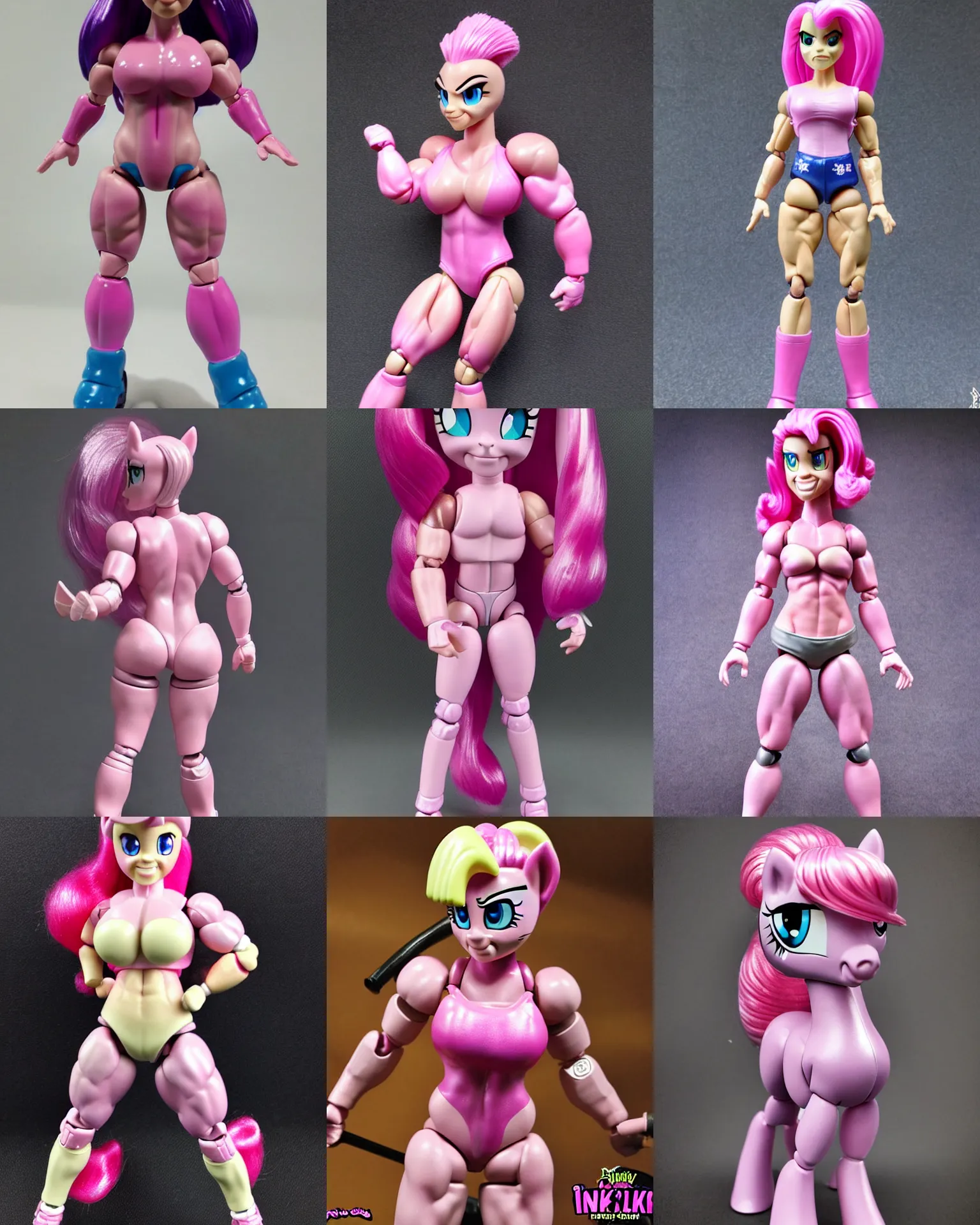 Prompt: pinky pie my little pony, neca!!! powerlifter oversized muscular very detailed realistic action figure by neca face close up full body in the style of neca, character by neca, film still, bokehs