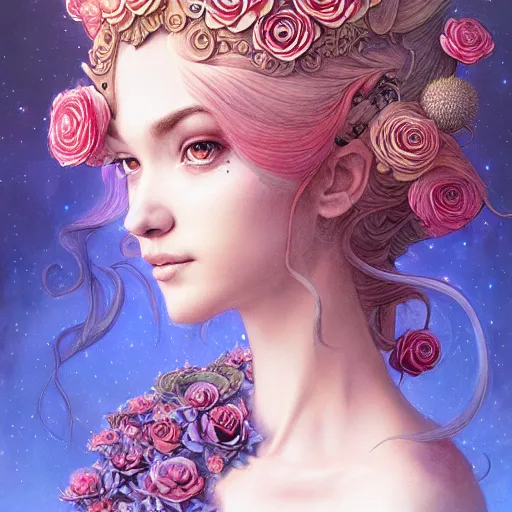 Image similar to a beautiful detailed front view portrait of princess peach with ornate growing around, ornamentation, flowers, elegant, beautifully soft lit, by wayne barlowe, peter mohrbacher, kelly mckernan