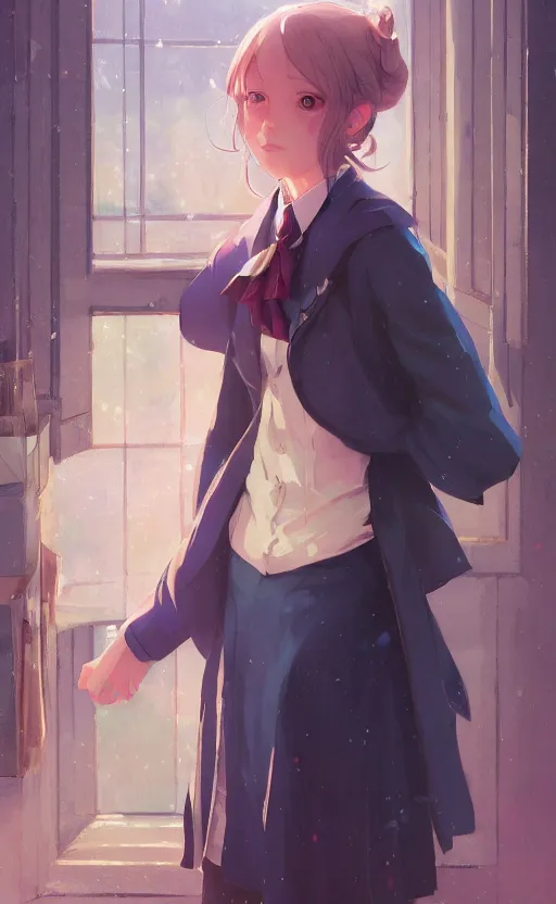 Image similar to a portrait of a cute female ravenclaw student, hogwarts setting, vivid colors, soft lighting, atmospheric, cinematic, moody, in the style of ilya kuvshinov and range murata, krenz cushart, rule of thirds, oil on canvas, 8 k