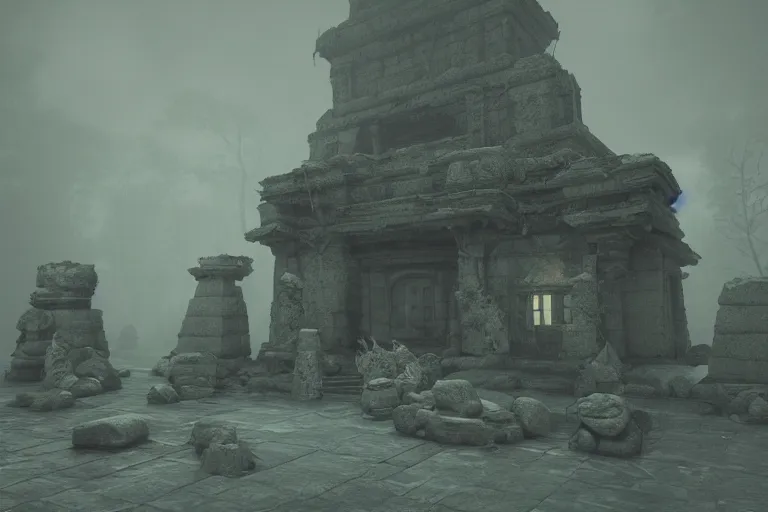 Prompt: ancient stone temple lovecraft cult, gloomy and foggy atmosphere, octane render, rembrandt, cgsociety, artstation trending, horror scene, highly detailded