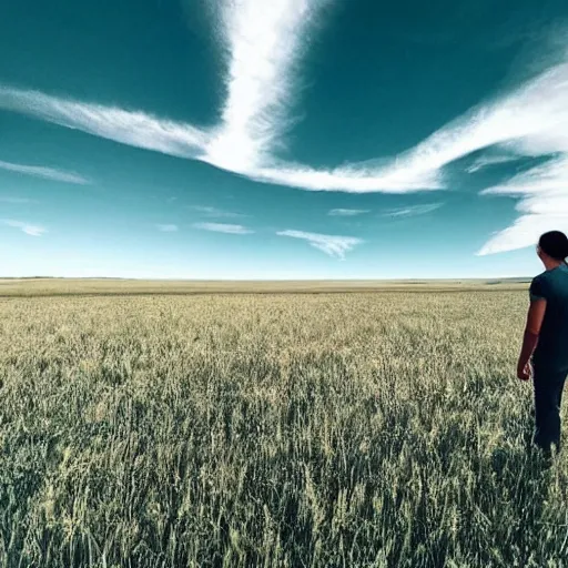 Prompt: a man standing in a open field with a rift in the sky, wide angle shot, hd, intricate detail