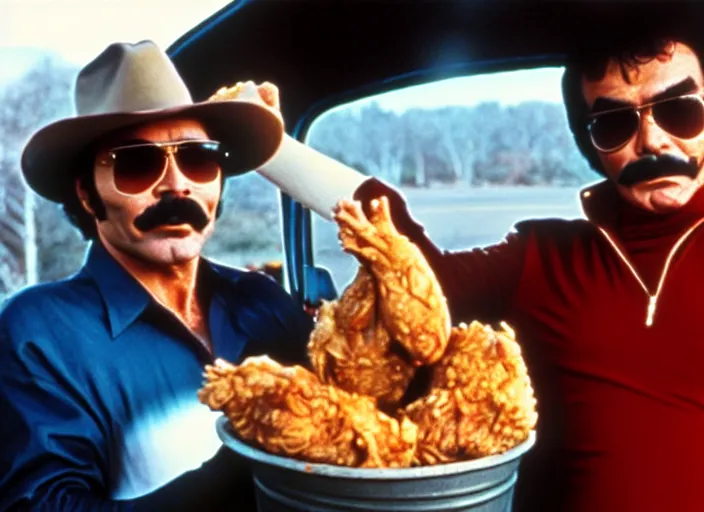 Image similar to film still of burt reynolds holding a bucket of fried chicken in cannonball run 1 9 8 2