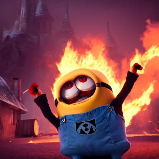 Prompt: Evil minion raging to the camera and flames coming in his his mouth, eyes red, bacground is Gru's house, very coherent symmetrical artwork, cinematic, high detail, octane render, unreal engine, 8k, Vibrant colors, Smooth gradients, High contrast