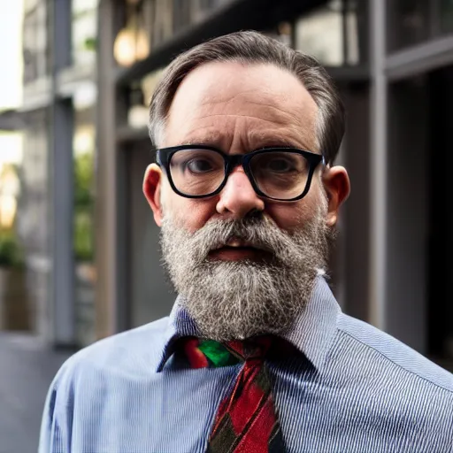 Prompt: Man in his 40s, dark blond hair with a beard, thick dark glasses, wearing red stripe shirt jean and multicolor shoes, ambient light, dynamic lighting